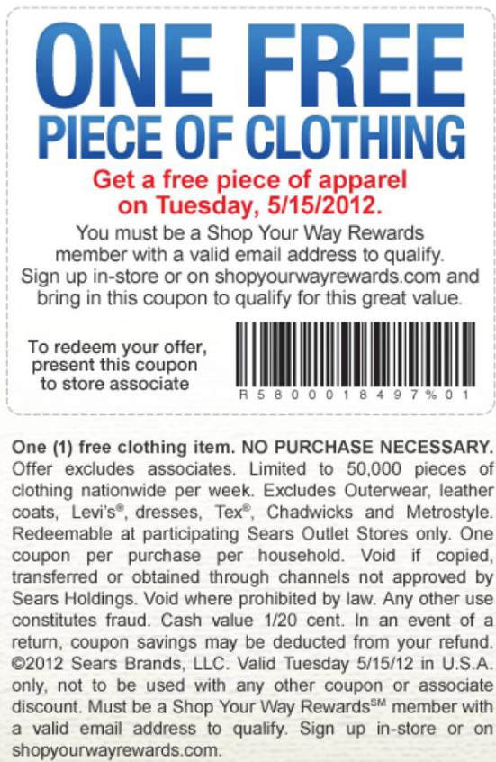 Sears Outlet: Free Clothing Printable Coupon
