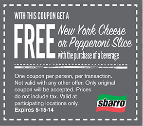 Sbarro: Free Slice of Pizze Printable Coupon