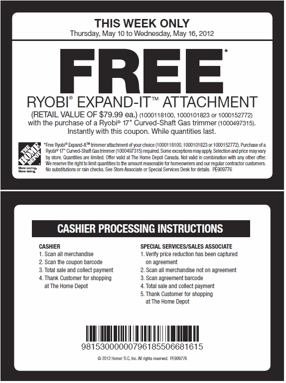 Home Depot: Free Ryobi Attachment Printable Coupon