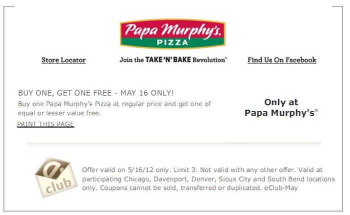 Papa Murphy's: BOGO Free Pizza Printable Coupon