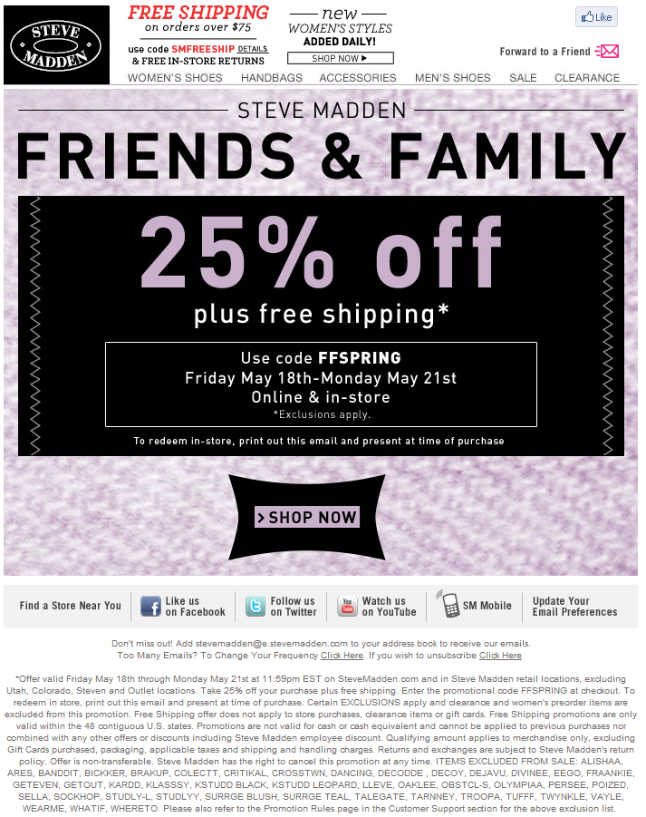 Steve Madden: 25% off Printable Coupon