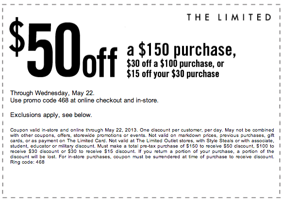 The Limited: $15-$50 off Printable Coupon