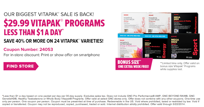 GNC: $29.99 Vitapak Printable Coupon