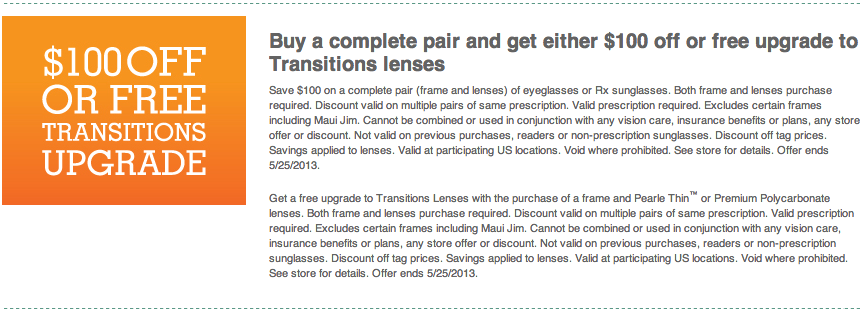 Pearle Vision: $100 off Transitions Upgrade Printable Coupon