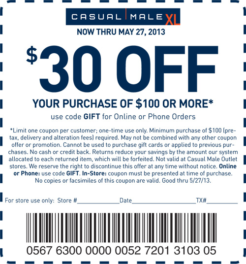 Casual Male XL: $30 off $100 Printable Coupon