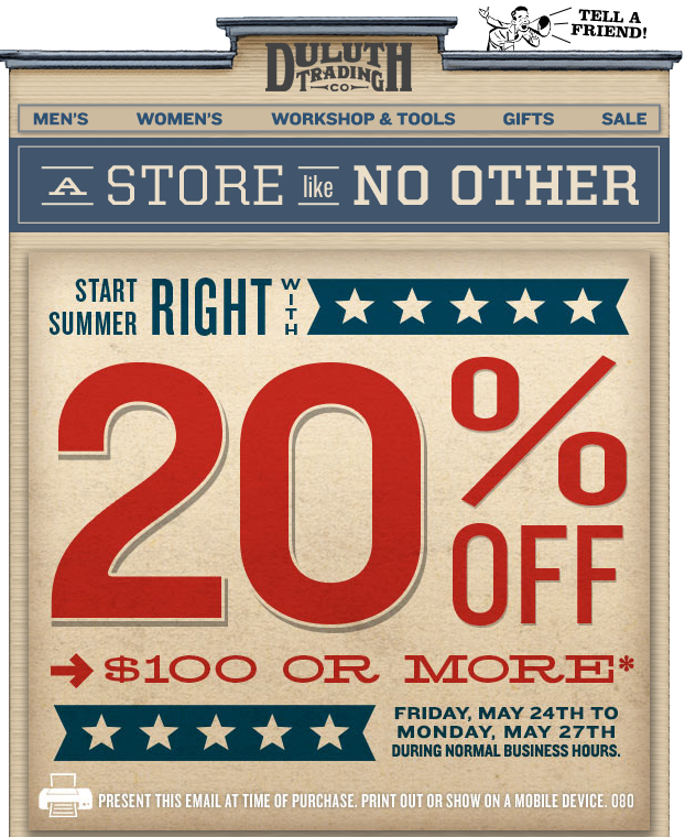 Duluth Trading Company: 20% off $100 Printable Coupon