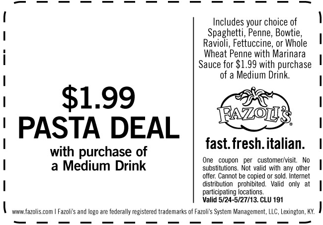 Fazolis: $1.99 Pasta Deal Printable Coupon