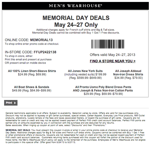 Mens Wearhouse: 25%-65% off Printable Coupon
