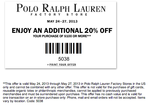 Ralph Lauren: 20% off $100 Printable Coupon