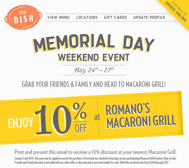 Romanos Macaroni Grill: 10% off Printable Coupon