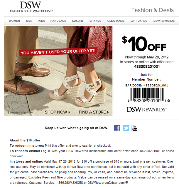DSW: $10 off Printable Coupon