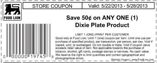 Food Lion: $.50 off Dixie Plate Printable Coupon