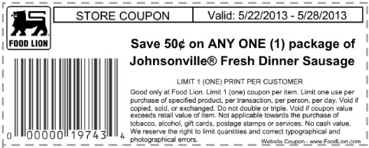 Food Lion: $.50 off Johnsonville Dinner Sausage Printable Coupon