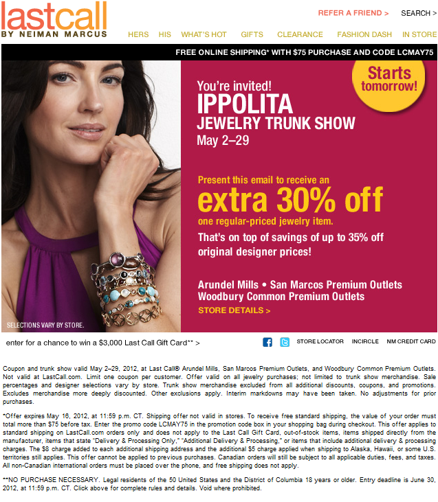 Neiman Marcus Last Call: 30% off Jewelry Printable Coupon