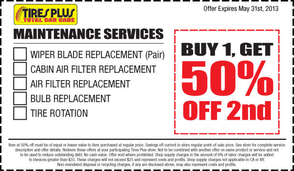 Tires Plus: BOGO 50% off Maintenance Printable Coupon