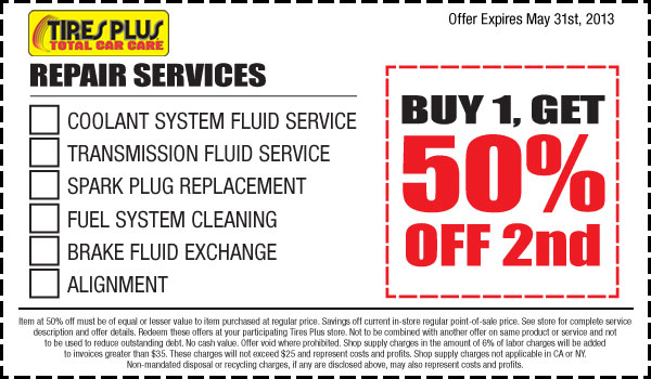 Tires Plus: BOGO 50% off Service Printable Coupon