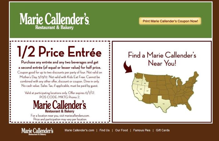 Marie Callender's: BOGO 50% off Printable Coupon