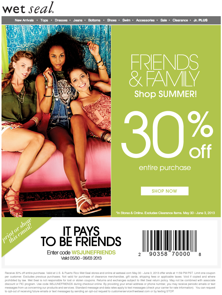 Wet Seal: 30% off Printable Coupon
