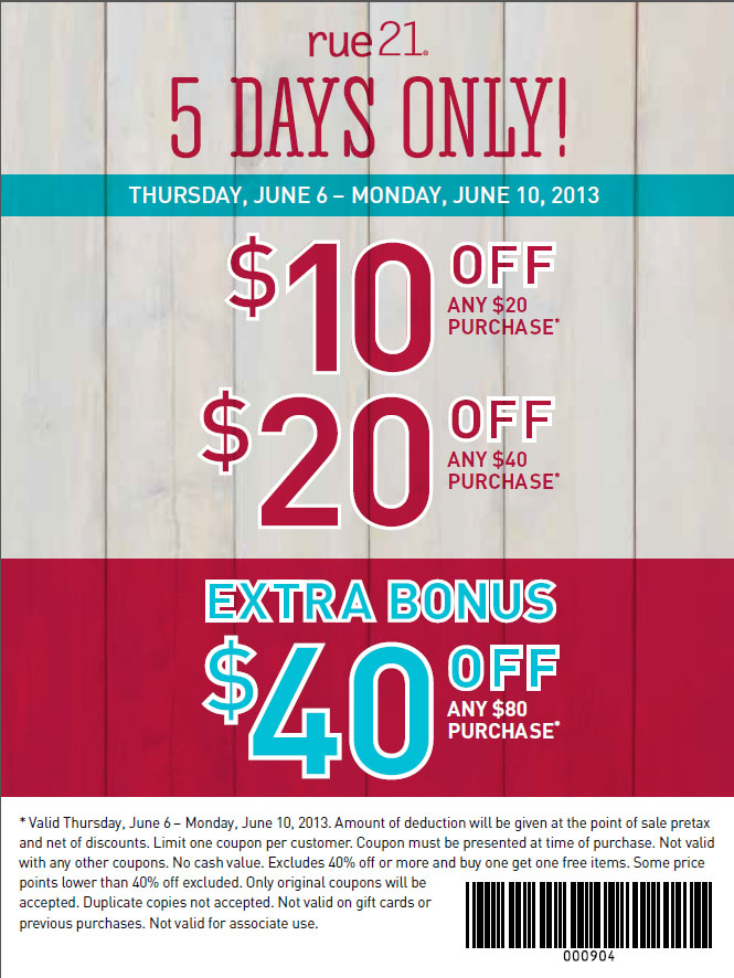 rue21: $10-$40 off Printable Coupon