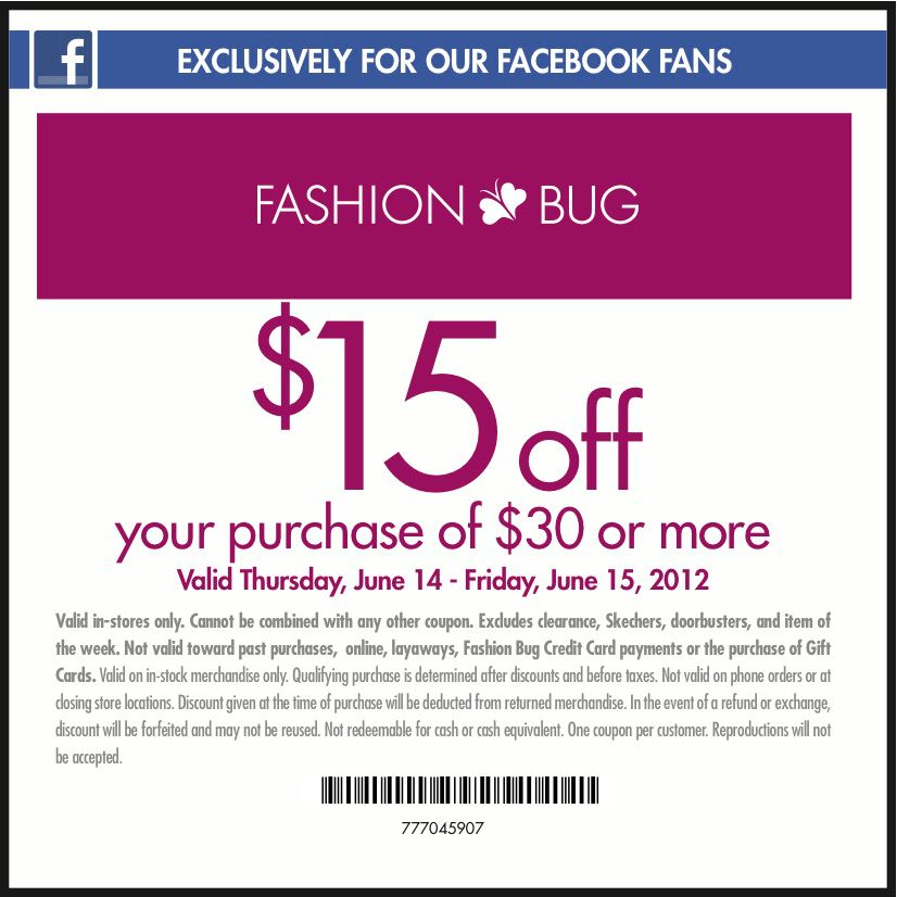 Fashion Bug: $15 off $30 Printable Coupon