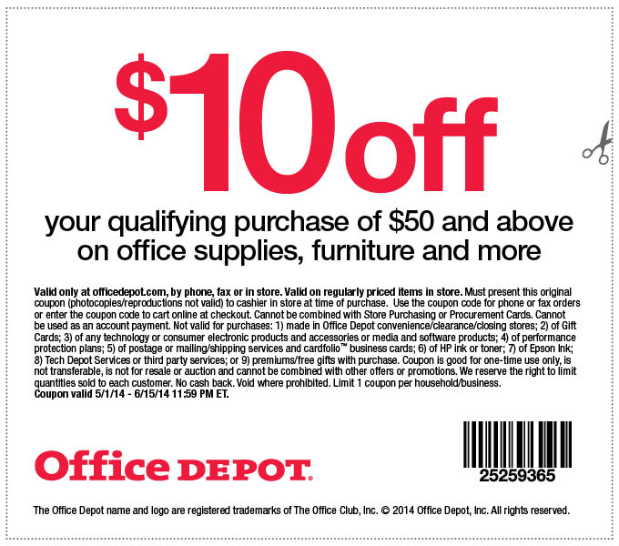 Office Depot: $10 off $50 Printable Coupon
