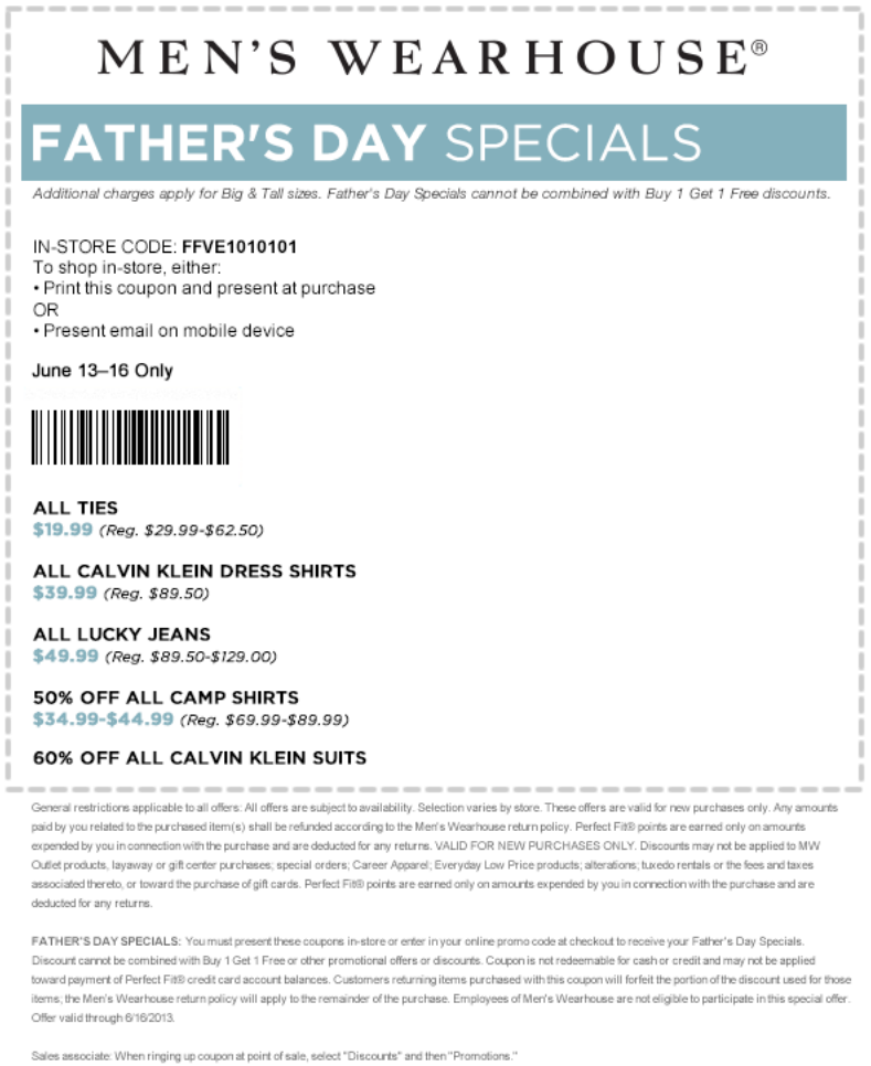 Mens Wearhouse: Father's Day Specials Printable Coupon