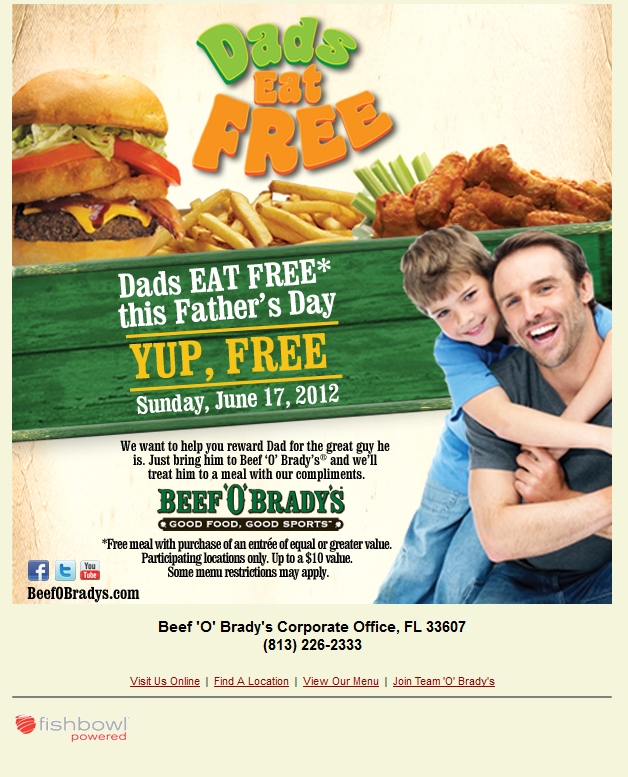 Beef'O'Bradys: Dads Eat Free Printable Coupon