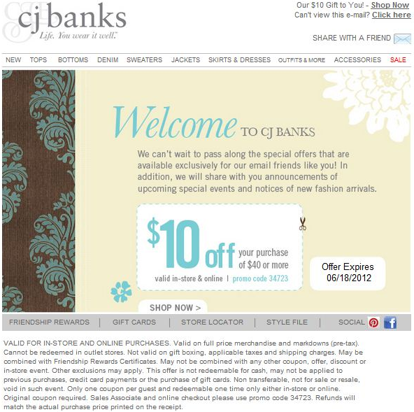 CJ Banks: $10 off $40 Printable Coupon