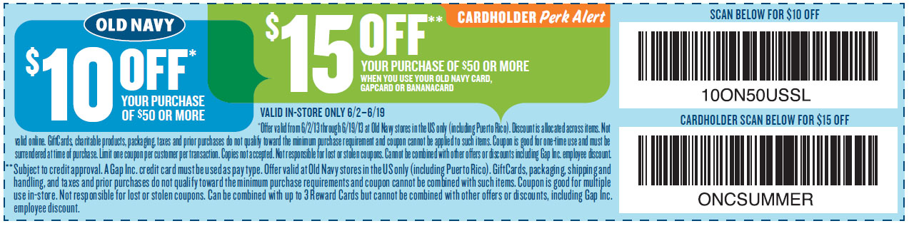 Old Navy: $10 off $50 Printable Coupon