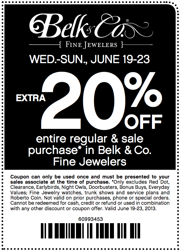 Belk.com: 20% off Jewelry Printable Coupon