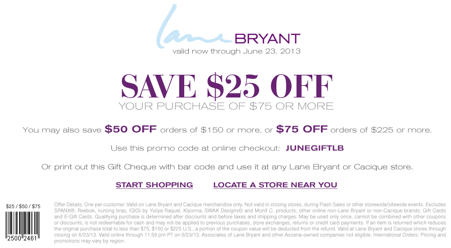 Lane Bryant: $25 off $75 Printable Coupon