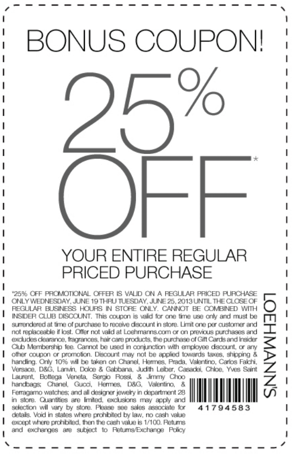 Loehmann's: 25% off Printable Coupon