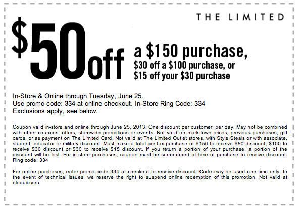 The Limited: $15-$50 off Printable Coupon
