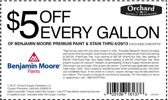 Orchard Supply Hardware: $5 off Benjamin Moore Printable Coupon