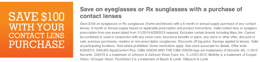 Pearle Vision: $100 off Contact Lens Printable Coupon