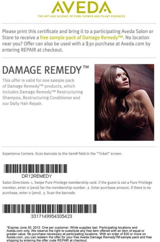 Aveda: Free Damage Remedy Printable Coupon