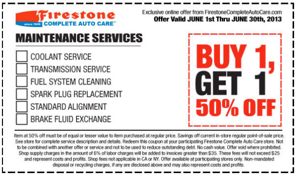 Firestone: BOGO 50% off Services Printable Coupon