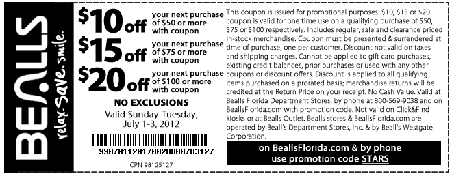 Bealls Department Store: $10-$20 off Printable Coupon