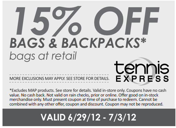 Tennis Express: 15% off Bags Printable Coupon