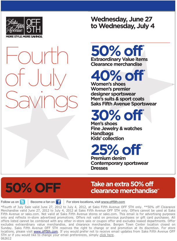 Saks Fifth Avenue Off 5th: 25%-50% off Printable Coupon