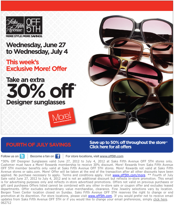 Saks Fifth Avenue Off 5th: 30% off Sunglasses Printable Coupon