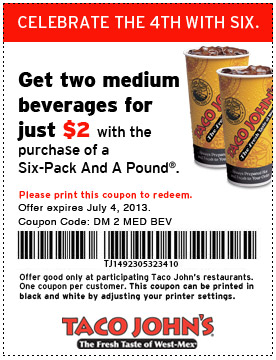 Taco Johns: $2 Medium Drinks Printable Coupon