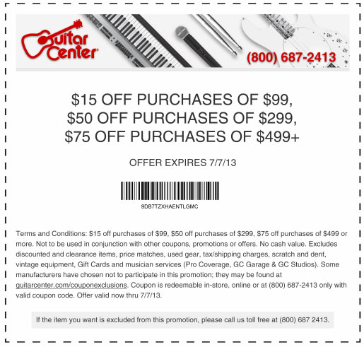 Guitar Center: $15-$75 off Printable Coupon