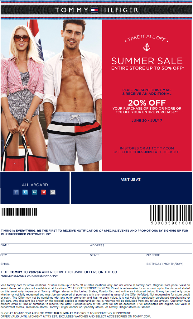 Tommy Hilfiger: 20% off $150 Printable Coupon