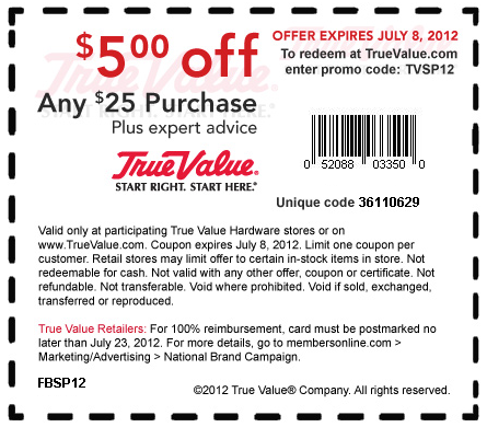 True Value: $5 off $25 Printable Coupon