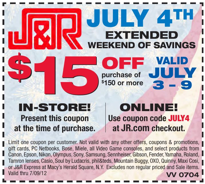 J&R: $15 off $150 Printable Coupon