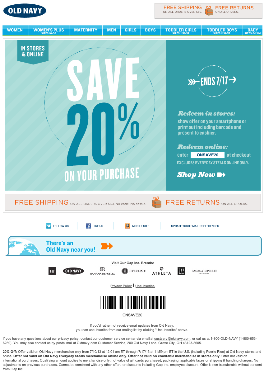 Old Navy: 20% off Printable Coupon