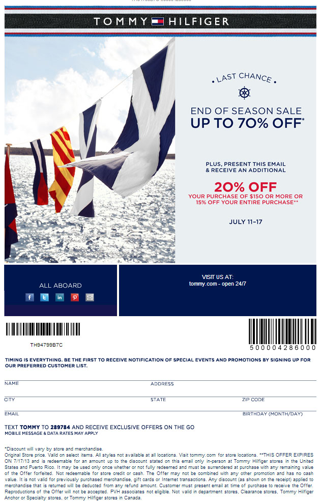 Tommy Hilfiger: 20% off $150 Printable Coupon