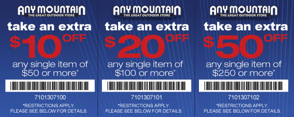 Any Mountain: $10-$50 off Printable Coupon