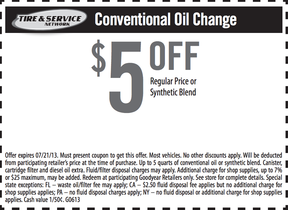 Good Year: $5 off Oil Change Printable Coupon